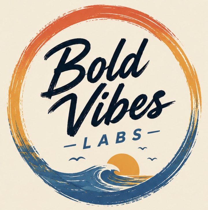 Bold Vibes Labs — a hand-painted surf badge with a wave and setting sun